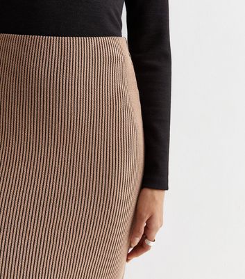 Light Brown Ribbed Jersey Midi Skirt New Look
