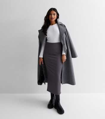 Petite Dark Grey Ribbed Jersey Midi Skirt