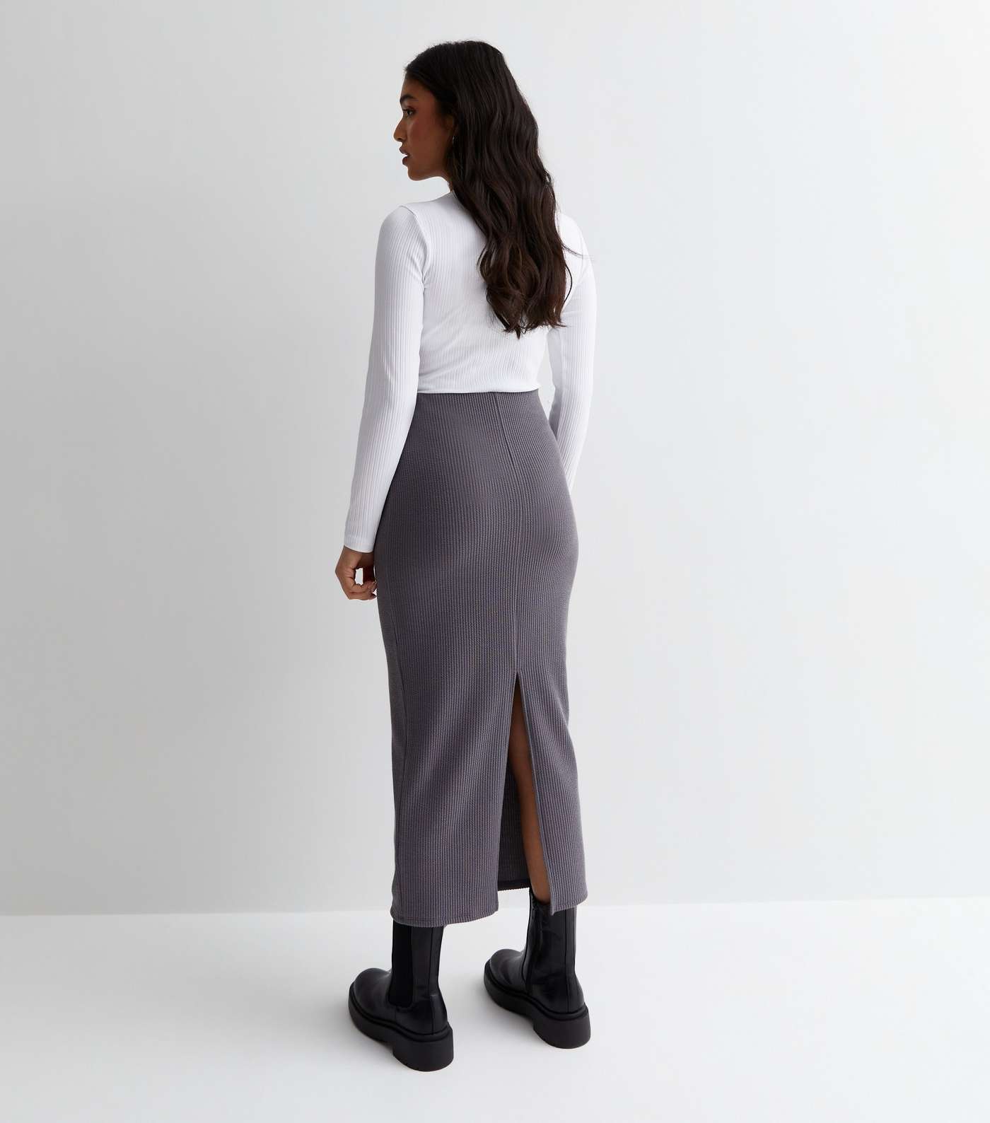 Petite Dark Grey Ribbed Jersey Midi Skirt Image 4