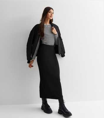 Black Ribbed Jersey Midi Skirt