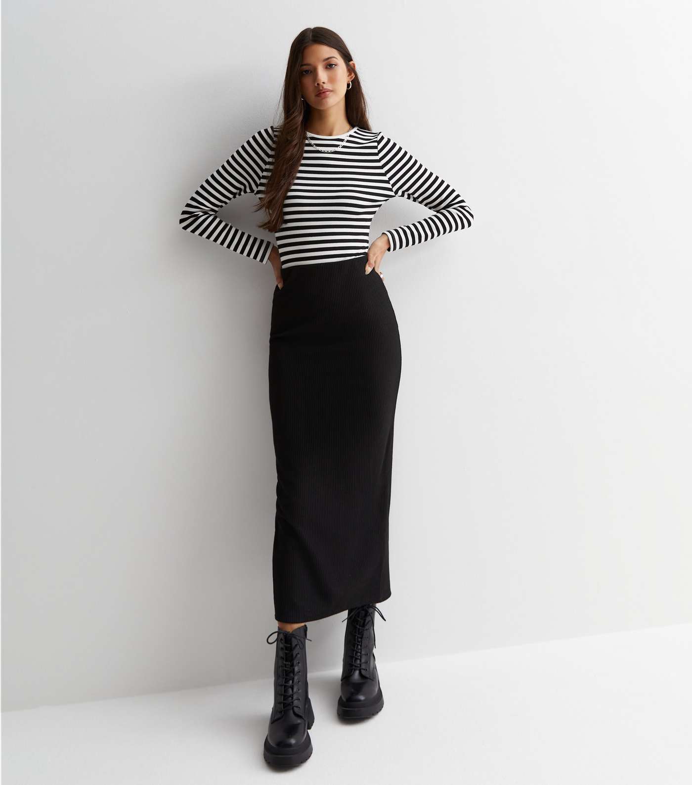 Black Ribbed Jersey Midi Skirt Image 3