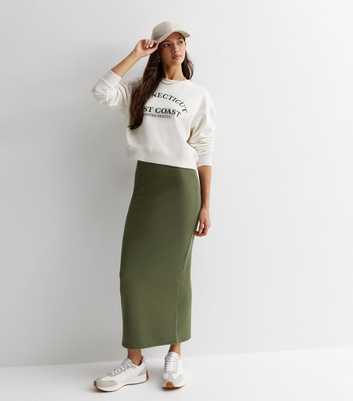 Khaki Ribbed Jersey Midi Skirt