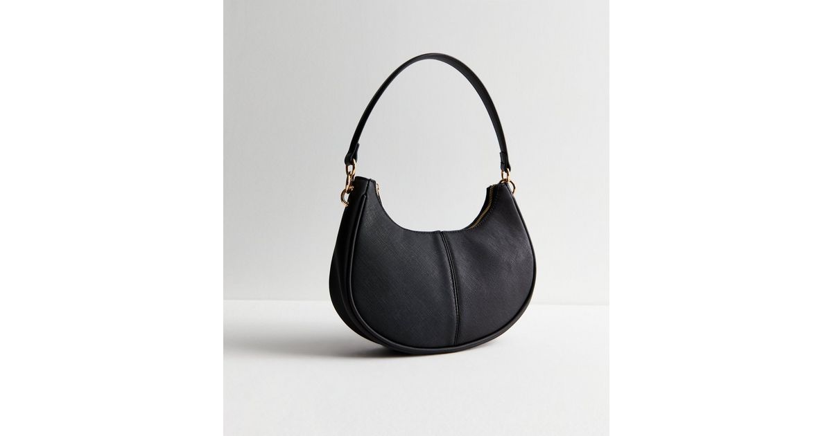 Black Leather-Look Scoop Shoulder Bag