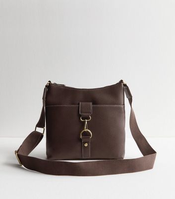 Dark Brown Leather Look Snaffle Cross Body Messenger Bag New Look