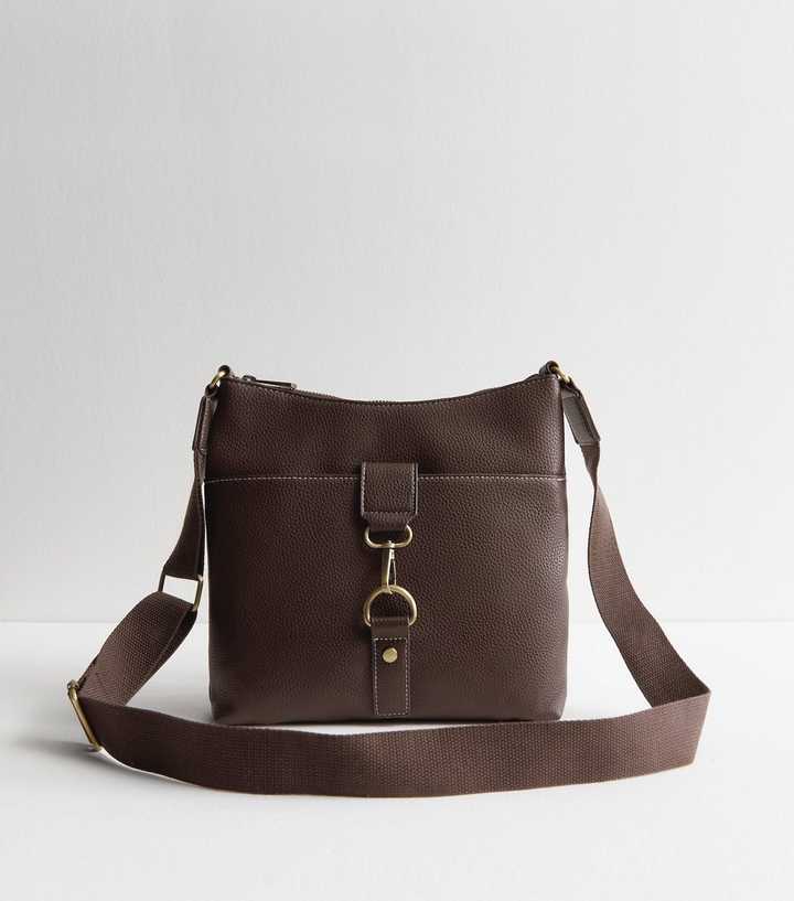 Dark Brown Leather-Look Snaffle Cross Body Messenger Bag