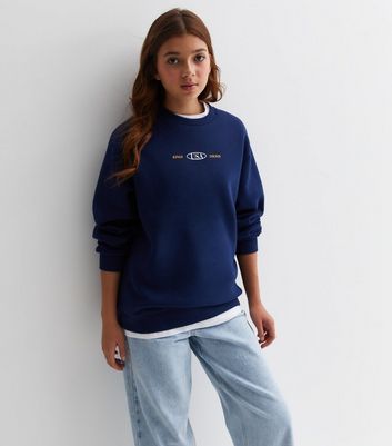 Girls Navy Brooklyn Front and Back Logo Sweatshirt New Look