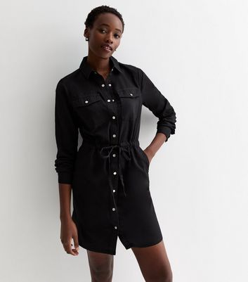 Tall Black Lightweight Denim Drawstring Mini Shirt Dress New Look