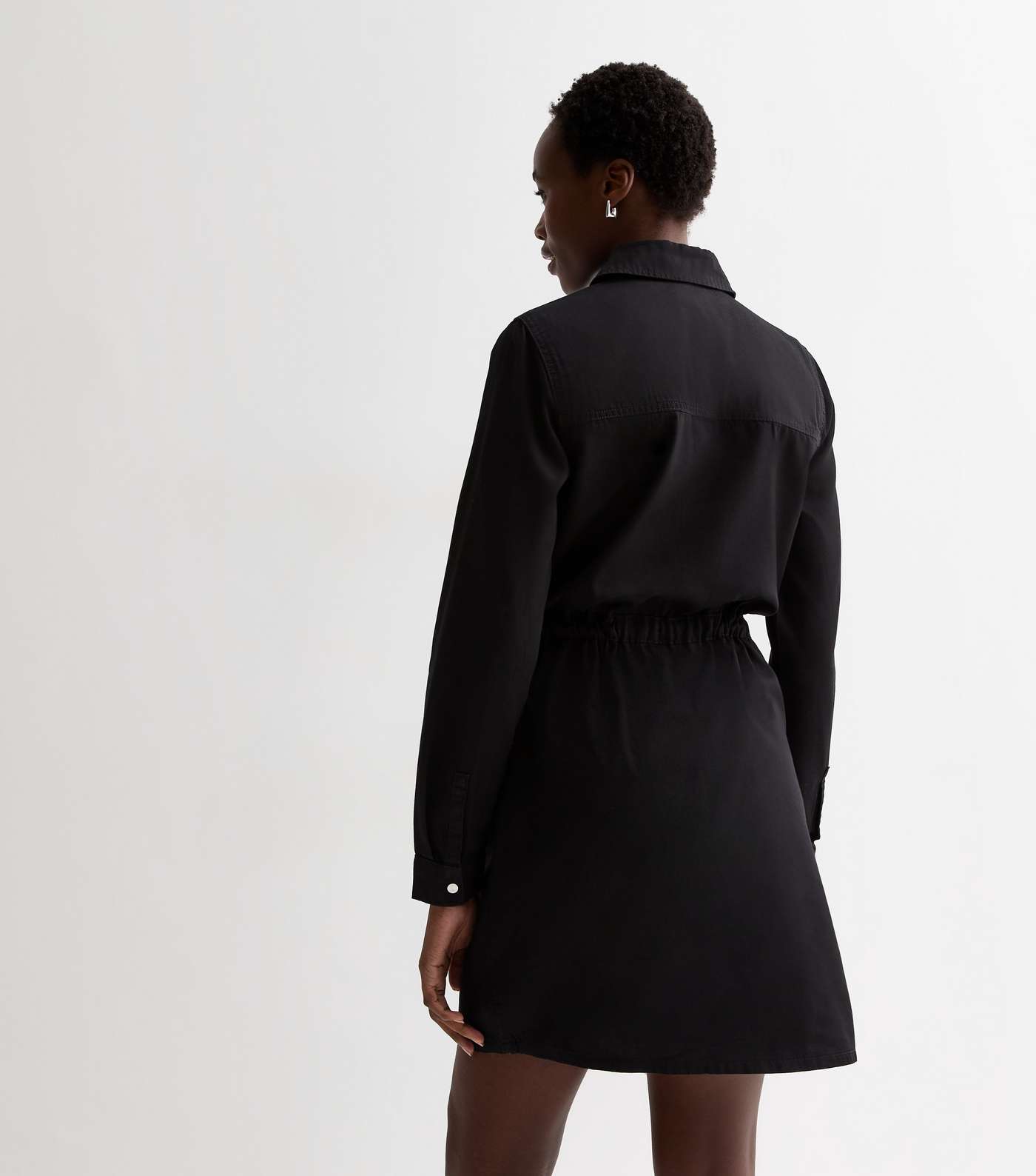 Tall Black Lightweight Denim Drawstring Mini Shirt Dress Image 4