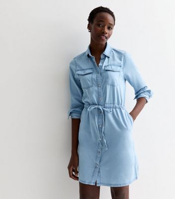 Tall Blue Lightweight Denim Drawstring Mini Shirt Dress New Look