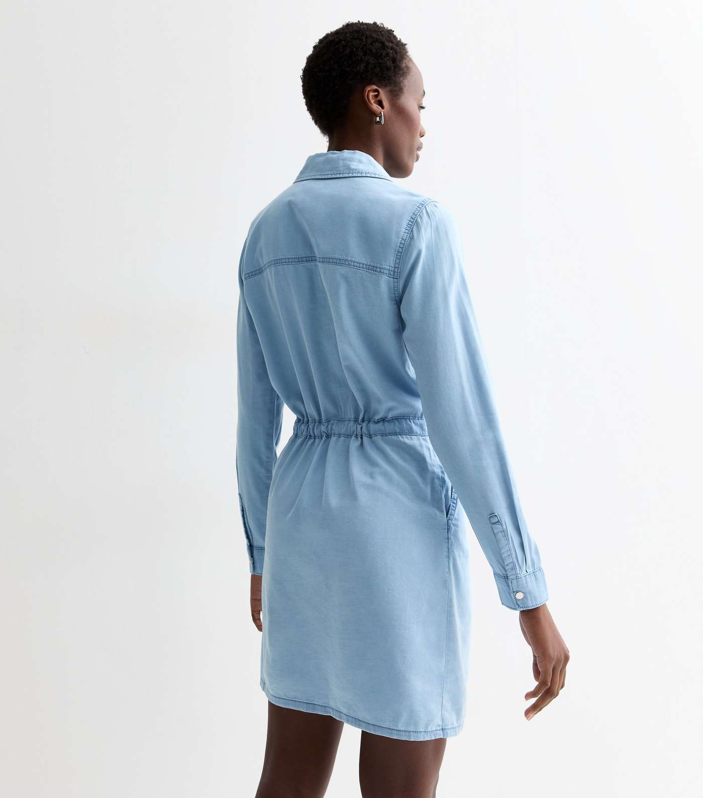 Tall Blue Lightweight Denim Drawstring Mini Shirt Dress Image 4