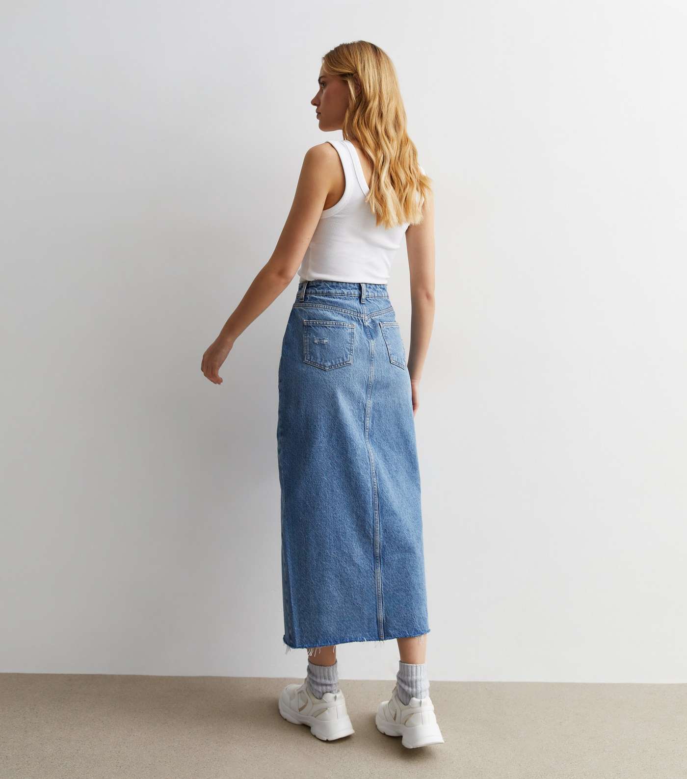 Blue Denim Ripped Midi Skirt Image 3