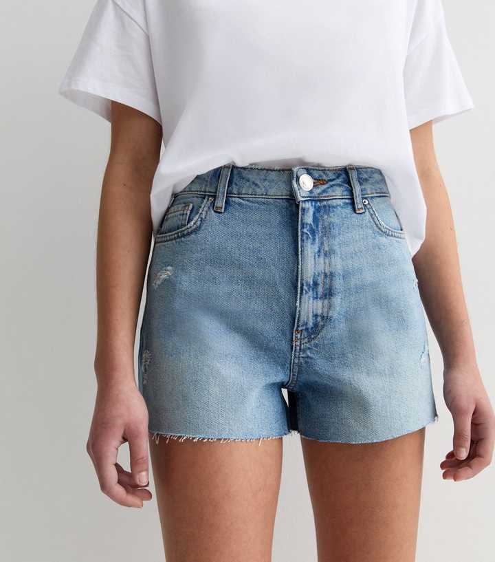 Pale Blue Denim Raw Hem Mom Shorts