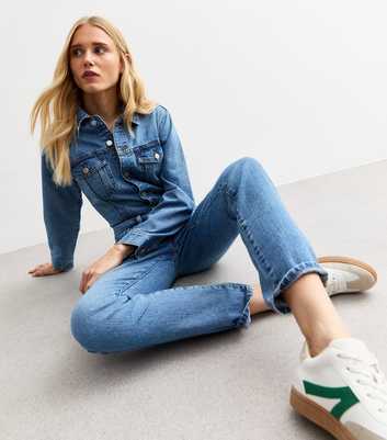 Blue Straight Leg Denim Jumpsuit 