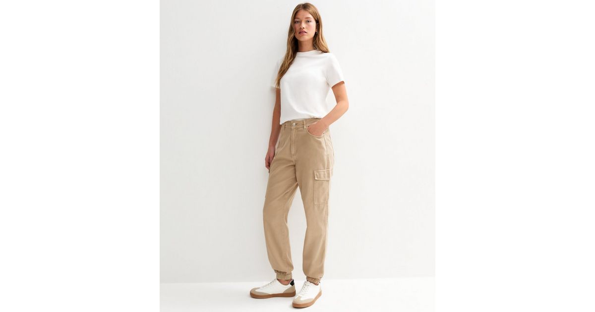 Stone Denim Cuffed Cargo Trousers New Look
