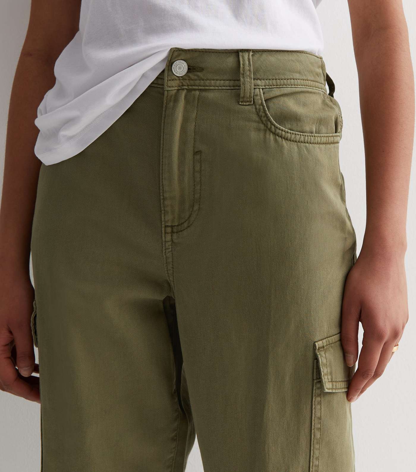 Khaki Denim Cuffed Cargo Trousers Image 3