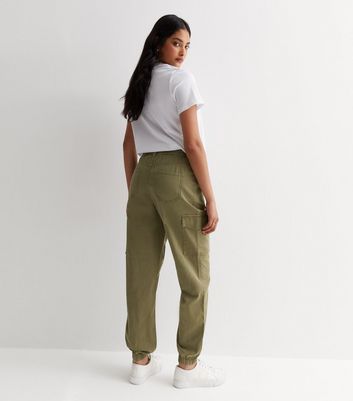 Khaki Denim Cuffed Cargo Trousers New Look