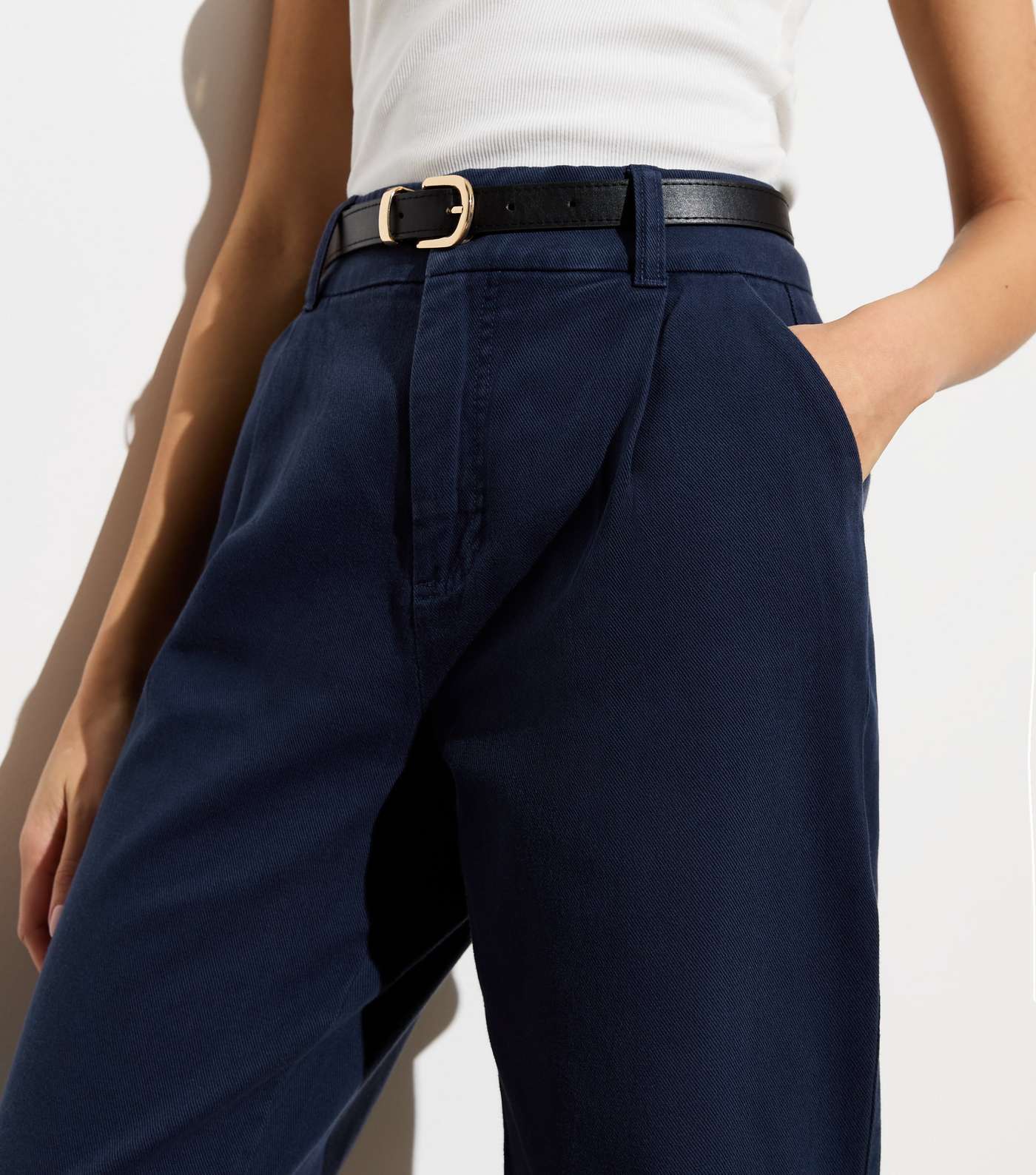 Navy High Waist Tapered Cotton Trousers Image 2