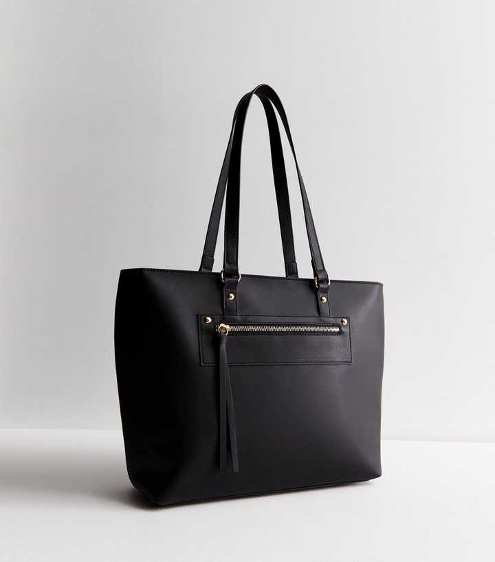 Black Leather Look Zip Front Tote Bag
