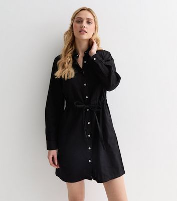 Black Lightweight Denim Drawstring Mini Shirt Dress New Look