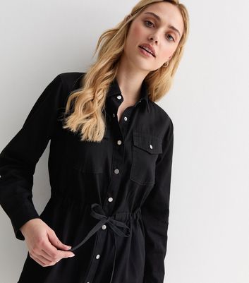 New Look Black Denim Mini Dress Tall Black Denim Drawstring Waist