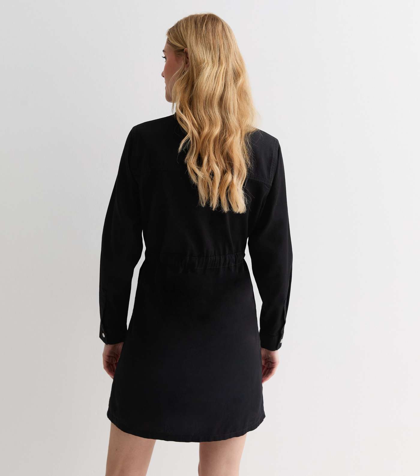 Black Lightweight Denim Drawstring Mini Shirt Dress Image 4