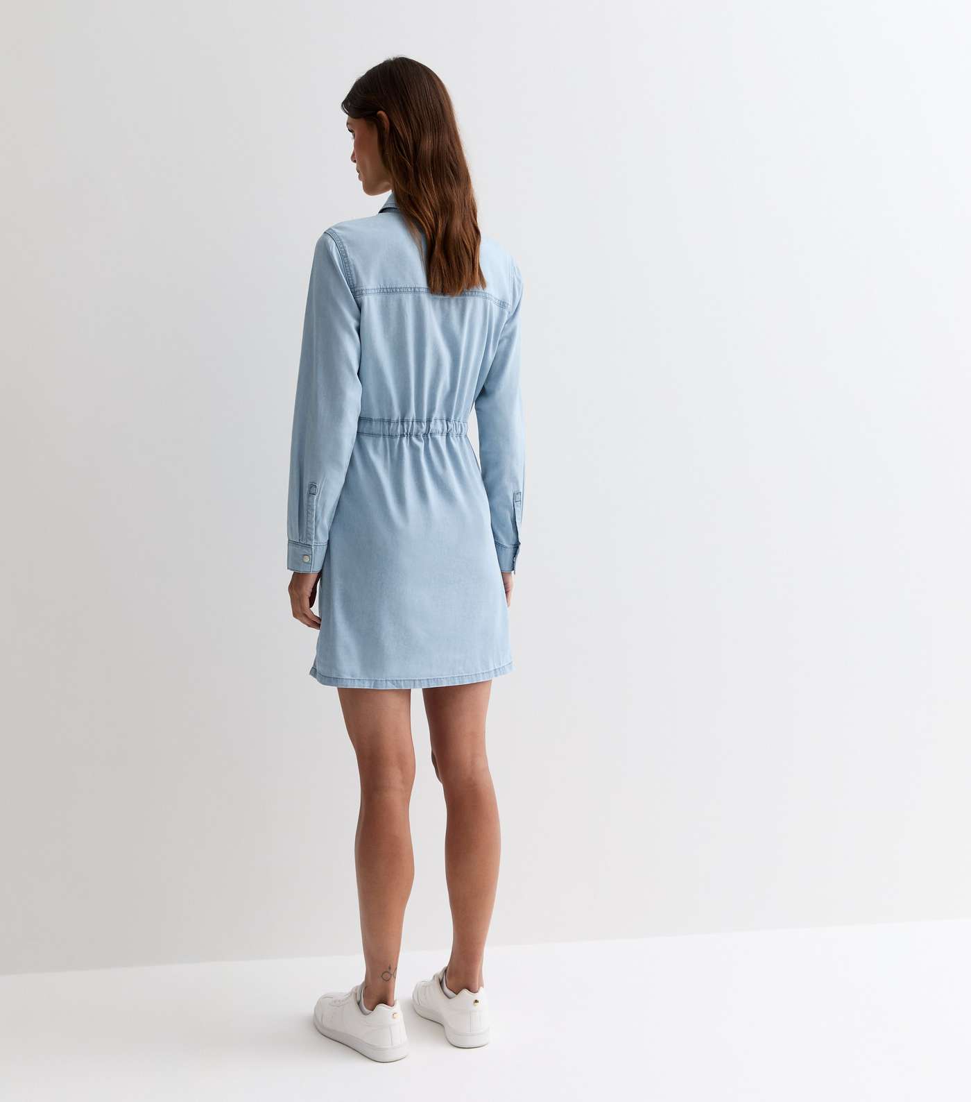 Blue Lightweight Denim Drawstring Mini Shirt Dress Image 4