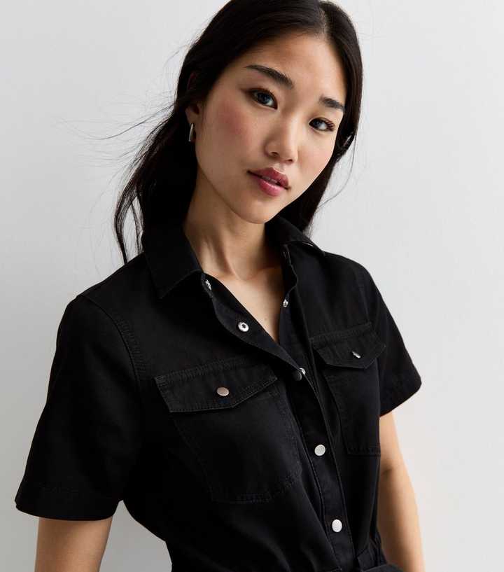 Black Lightweight Denim Drawstring Mini Shirt Dress | New Look