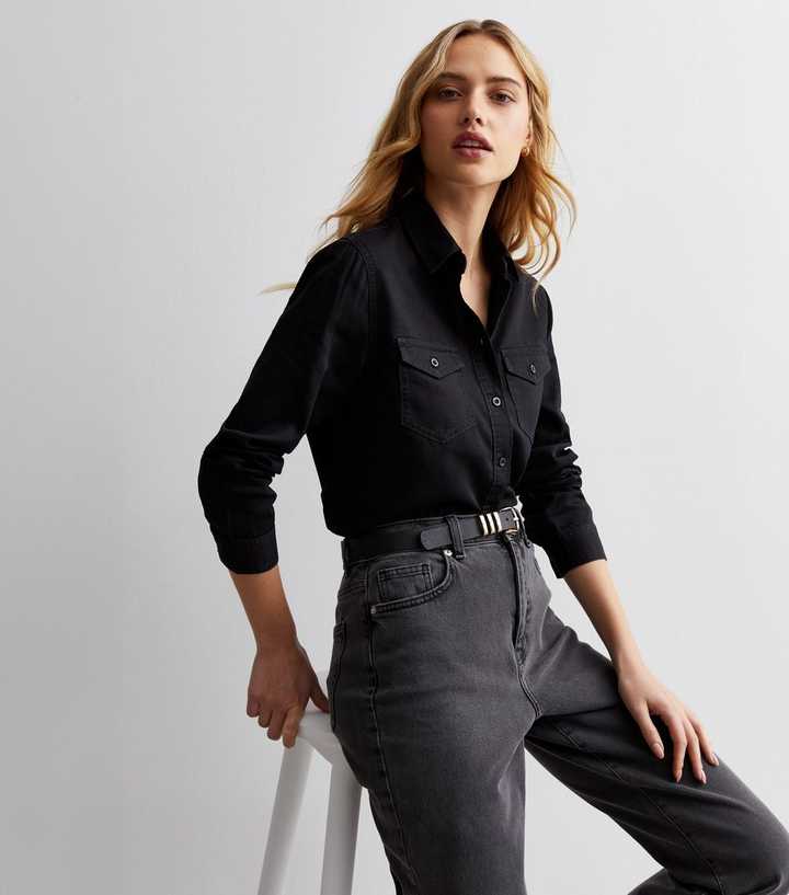 Black Long Sleeve Lightweight Denim Shirt