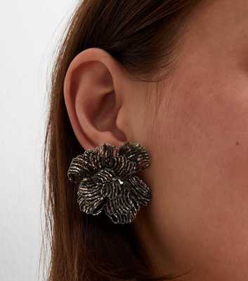 Pewter Beaded Large Flower Stud Earrings