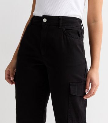 Petite Black Denim Cuffed Cargo Trousers New Look