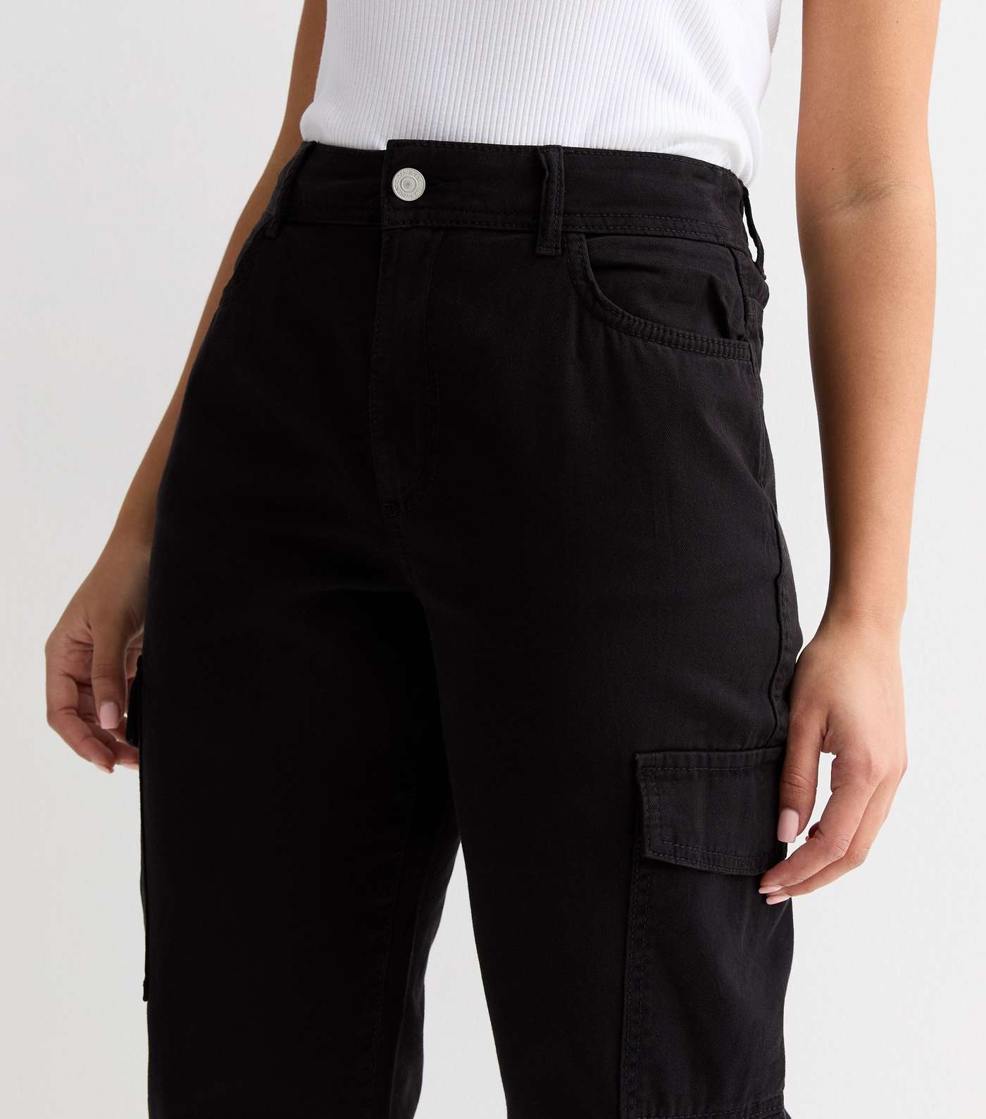 Petite Black Denim Cuffed Cargo Trousers Image 2