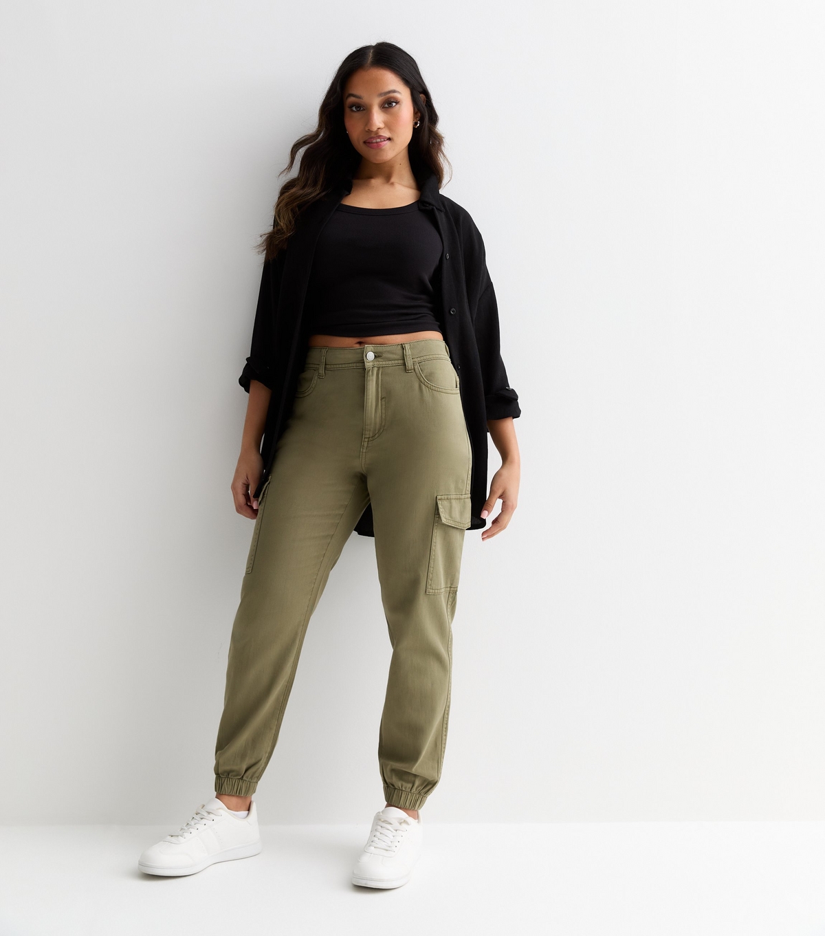 Women's Petite Khaki Denim Cuffed Cargo Trousers New Look