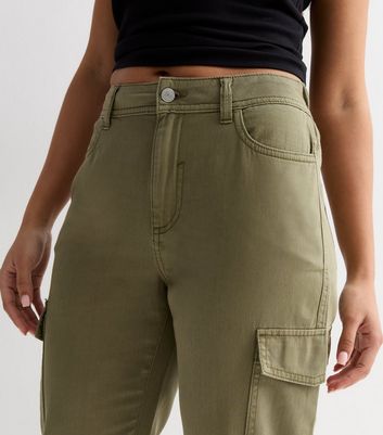 Petite Khaki Denim Cuffed Cargo Trousers New Look