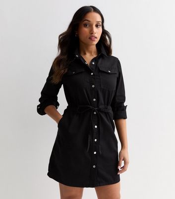 Petite Black Denim Long Sleeve Belted Mini Shirt Dress New Look