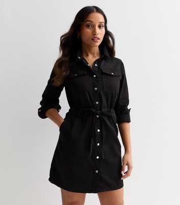 Petite Black Denim Long Sleeve Belted Mini Shirt Dress