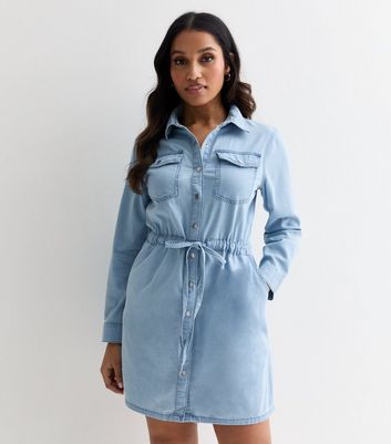 Petite Blue Denim Long Sleeve Belted Mini Shirt Dress | New Look