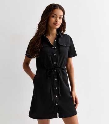 Petite Black Lightweight Denim Mini Shirt Dress