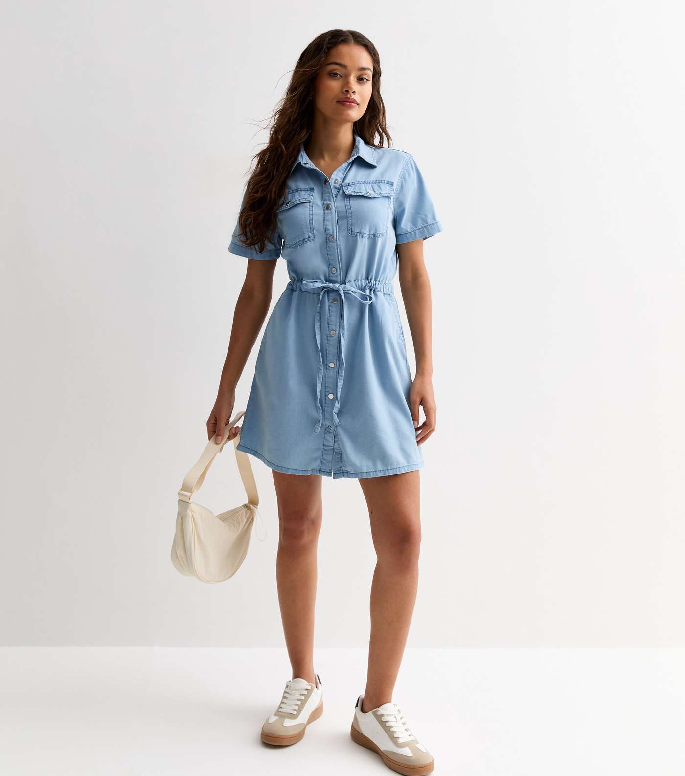Petite Pale Blue Lightweight Denim Mini Shirt Dress Image 2