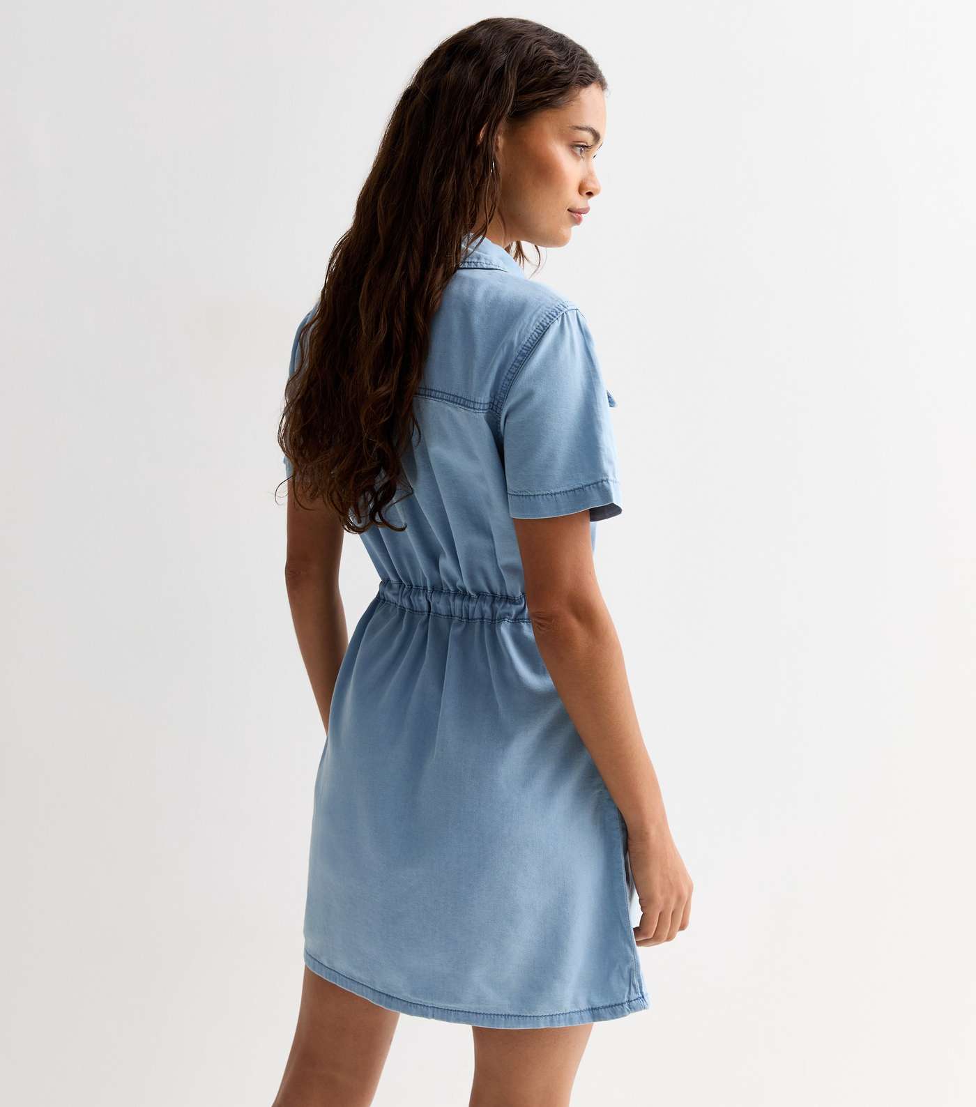 Petite Pale Blue Lightweight Denim Mini Shirt Dress Image 4