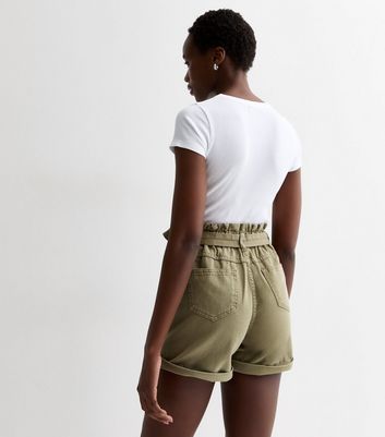 Tall Khaki Denim High Waist Paperbag Shorts New Look