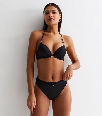 Black Monogram Trim High Waist Bikini Bottoms New Look