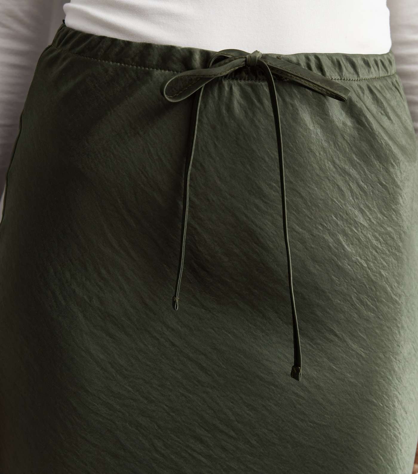 Khaki Satin High Tie Waist Midaxi Skirt Image 3