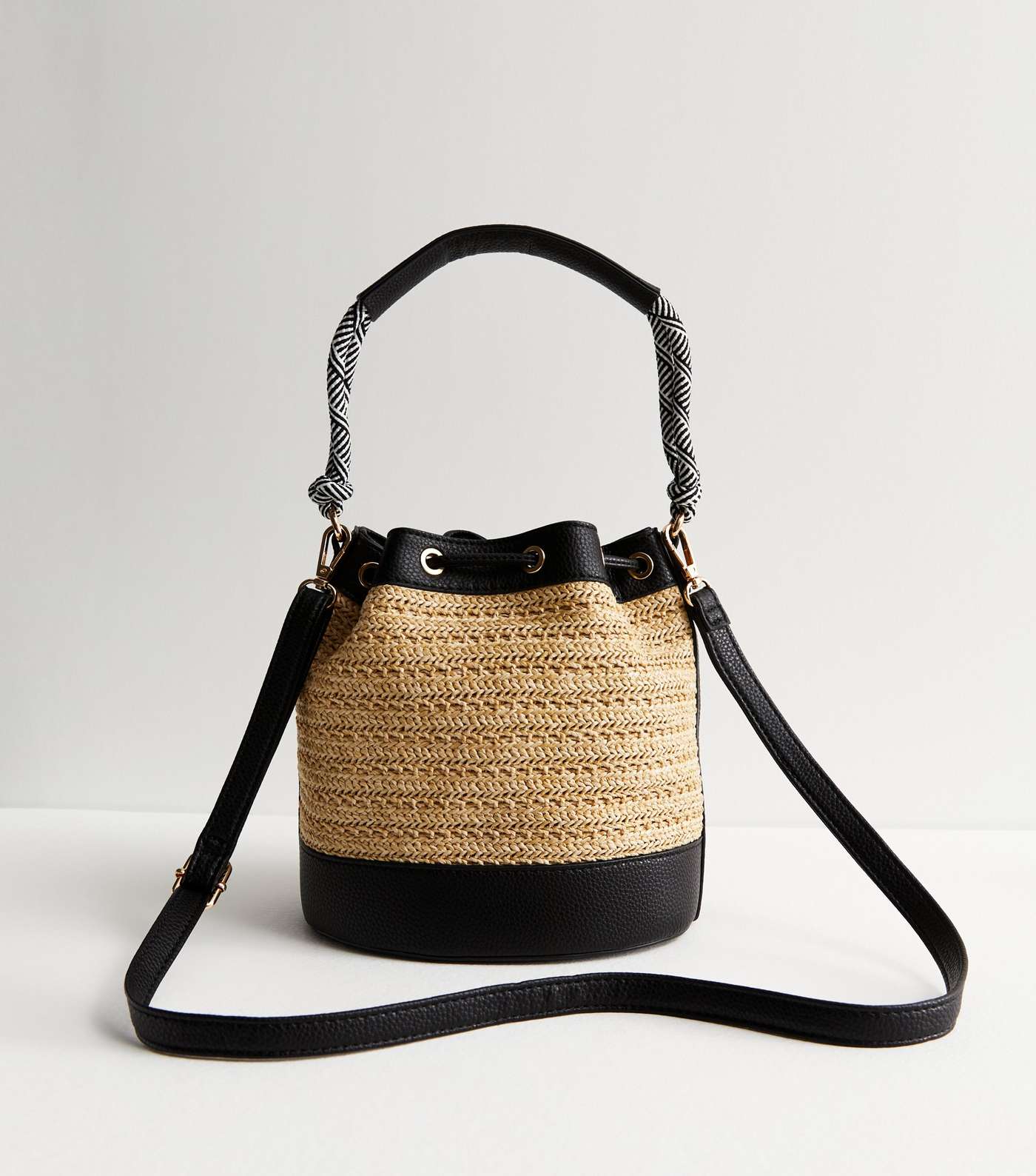 Black Raffia Drawstring Bucket Bag Image 4