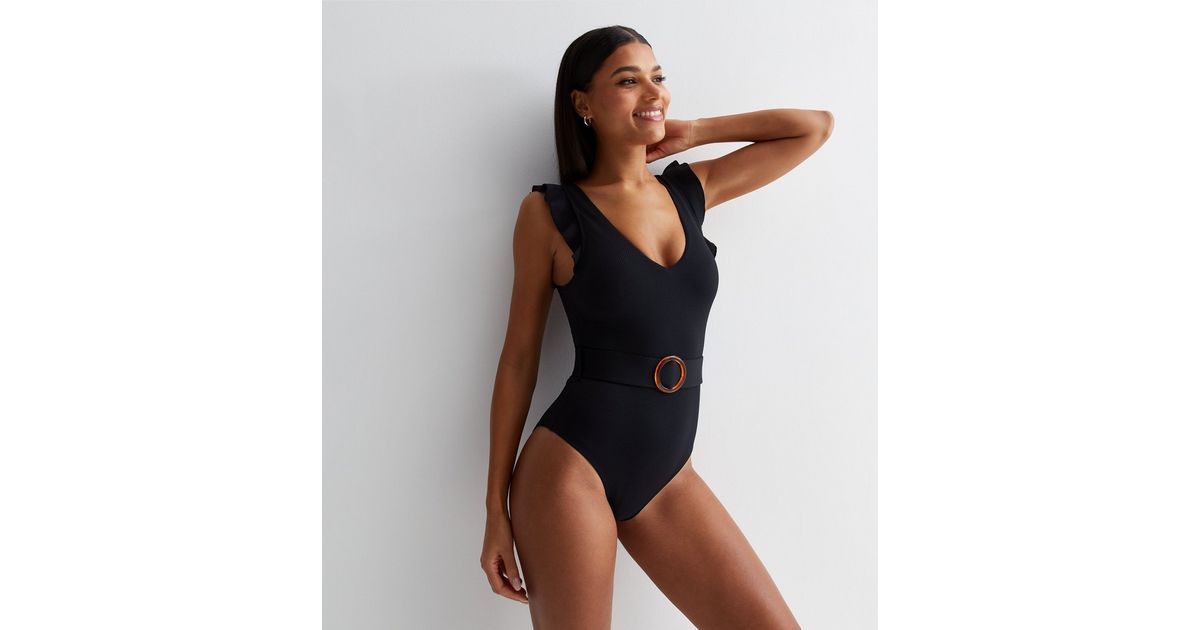 Black Frill Belted Swimsuit | New Look 
