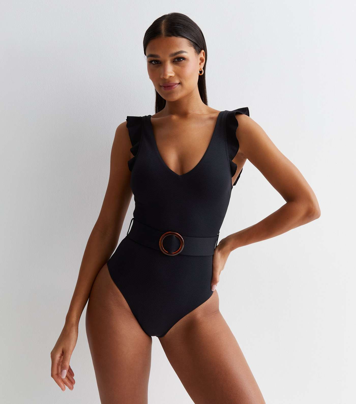 Black Frill Belted Swimsuit Image 3