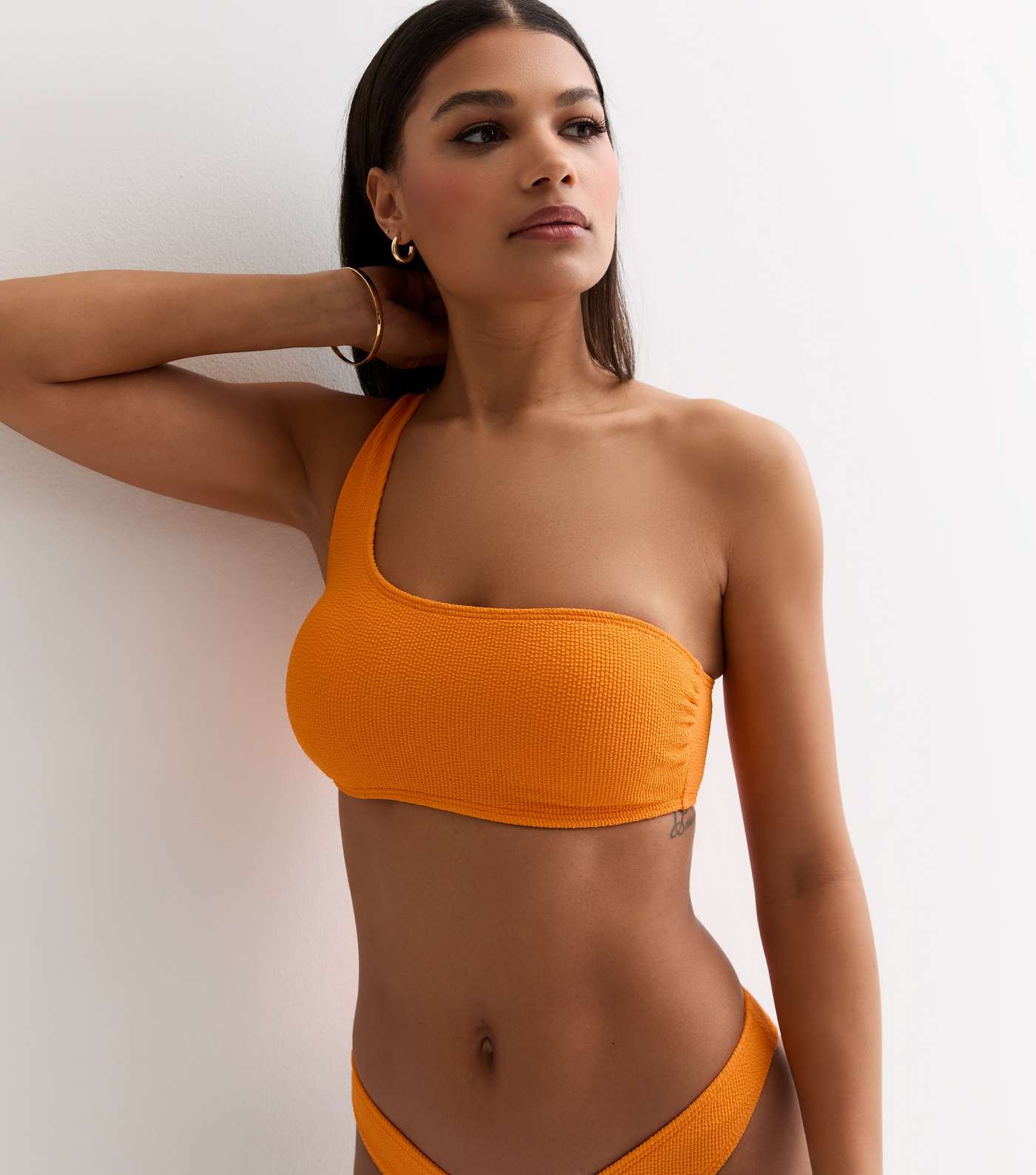 Bright Orange Crinkle One Shoulder Crop Bikini Top Image 2