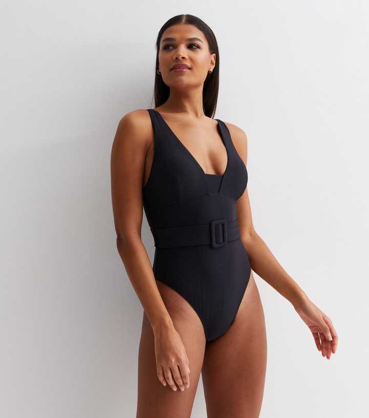 Black Textured Belted Swimsuit