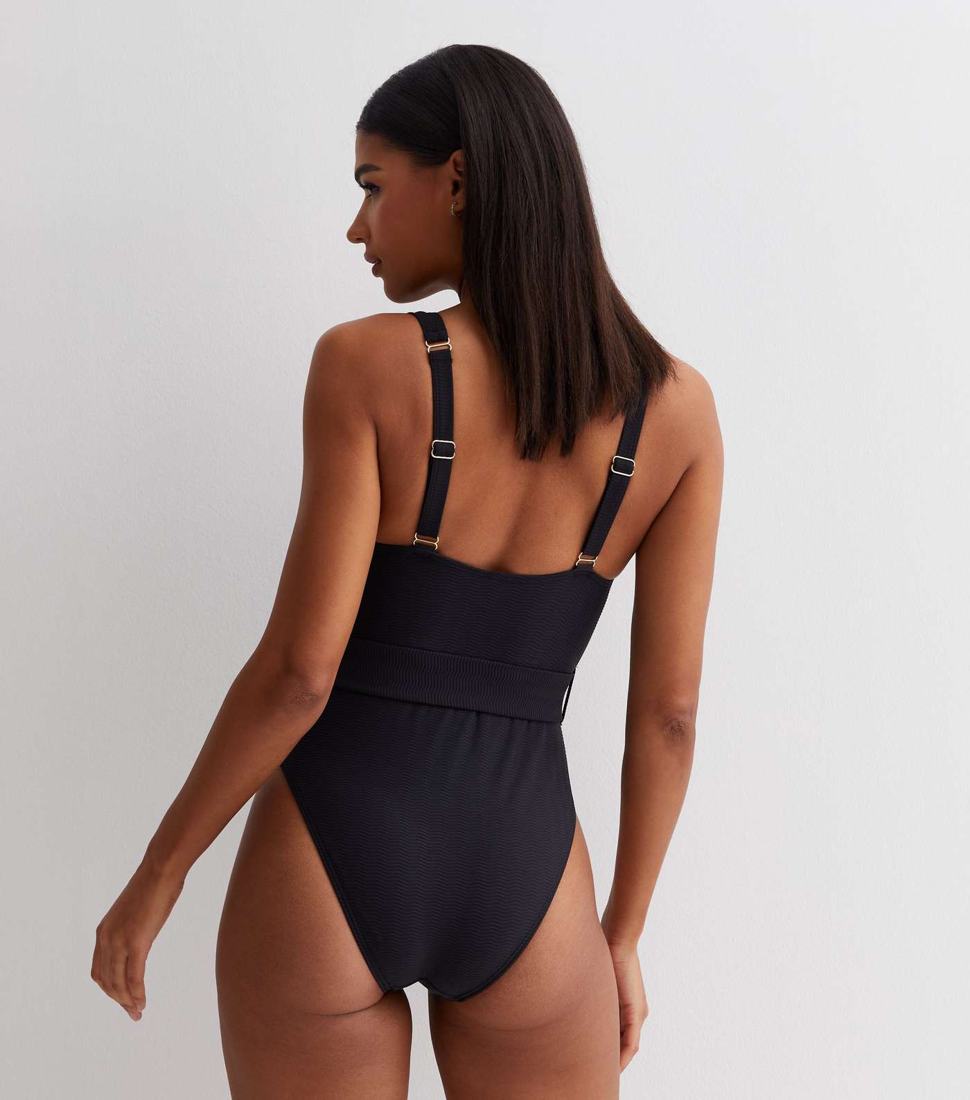 Black Textured Belted Swimsuit Image 4