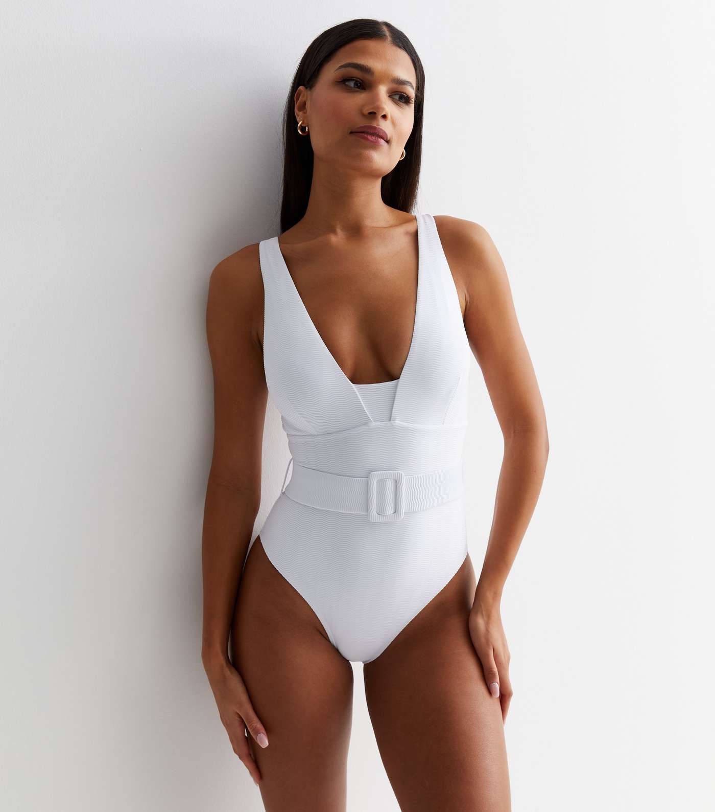 White Textured Belted Swimsuit Image 3
