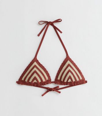 Brown Chevron Crochet Halterneck Triangle Bikini Top New Look